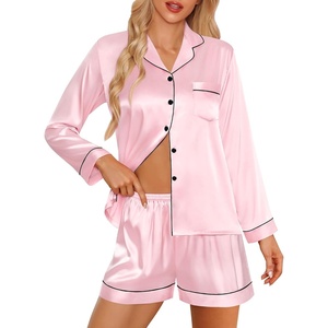 image:imageSWOMOG Womens 2 PCS  3 PCS Pajamas Set Silk Satin Long Sleeve Sleepwear Button Down Loungewear Pjs NightwearZ  Pink  2 Pcs