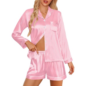 image:imageSWOMOG Womens 2 PCS  3 PCS Pajamas Set Silk Satin Long Sleeve Sleepwear Button Down Loungewear Pjs NightwearZ  Pink Striped  2 Pcs
