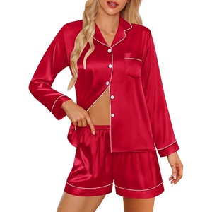 image:imageSWOMOG Womens 2 PCS  3 PCS Pajamas Set Silk Satin Long Sleeve Sleepwear Button Down Loungewear Pjs NightwearZ  Red  2 Pcs