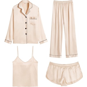 image:imageSWOMOG Womens 4pcs Pajamas Sets Silk Satin Pjs Sexy Cami Shorts Set Button Down Long Short Sleeve Sleepwear LoungewearChampagne