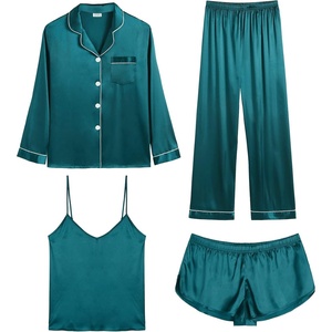 image:imageSWOMOG Womens 4pcs Pajamas Sets Silk Satin Pjs Sexy Cami Shorts Set Button Down Long Short Sleeve Sleepwear LoungewearLight Green