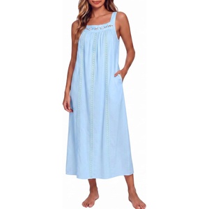 image:imageSWOMOG Womens Cotton Nightgowns Sleeveless Night Gown Embroidery House Dress Soft Long Nightdress with PocketsBlue