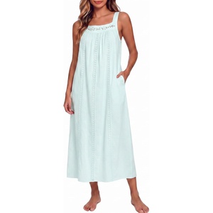 image:imageSWOMOG Womens Cotton Nightgowns Sleeveless Night Gown Embroidery House Dress Soft Long Nightdress with PocketsGreen