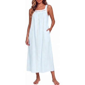 image:imageSWOMOG Womens Cotton Nightgowns Sleeveless Night Gown Embroidery House Dress Soft Long Nightdress with PocketsLight Blue