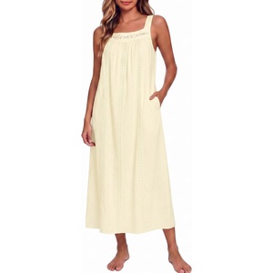 image:imageSWOMOG Womens Cotton Nightgowns Sleeveless Night Gown Embroidery House Dress Soft Long Nightdress with PocketsLight Yellow