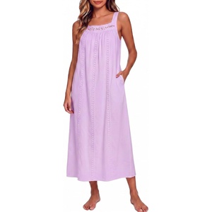 image:imageSWOMOG Womens Cotton Nightgowns Sleeveless Night Gown Embroidery House Dress Soft Long Nightdress with PocketsPurple