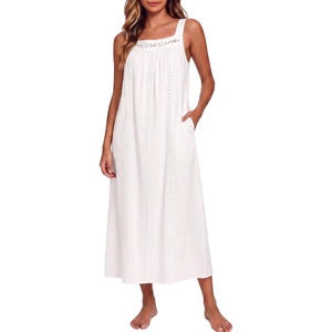 image:imageSWOMOG Womens Cotton Nightgowns Sleeveless Night Gown Embroidery House Dress Soft Long Nightdress with PocketsWhite
