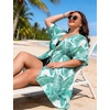 image:imageSWOMOG Women Cover Ups Plus Size Swimsuit Chiffon Kimono Long Cardigan Open Front Bathing Suit Summer Flowy Bikini BeachwearGreen Leaf