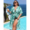 image:imageSWOMOG Women Cover Ups Plus Size Swimsuit Chiffon Kimono Long Cardigan Open Front Bathing Suit Summer Flowy Bikini BeachwearGreen Leaf