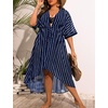 image:imageSWOMOG Women Cover Ups Plus Size Swimsuit Chiffon Kimono Long Cardigan Open Front Bathing Suit Summer Flowy Bikini BeachwearNavy Blue Stripe