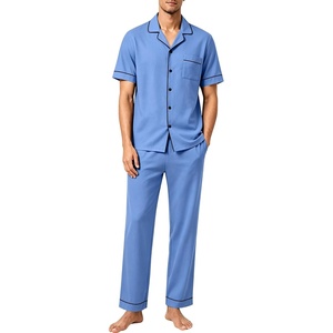 image:imageSWOMOG 100 Cotton Men Pajamas Set Button Down Short Sleeve Sleepwear Loungewear Pjs Set with PocketsAzure Blue
