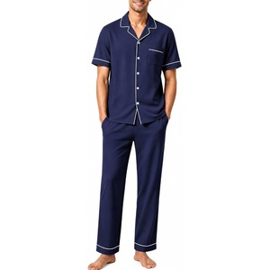 image:imageSWOMOG 100 Cotton Men Pajamas Set Button Down Short Sleeve Sleepwear Loungewear Pjs Set with PocketsNavy Blue