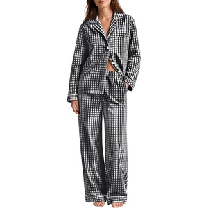 image:imageSWOMOG 100 Cotton Women Pajamas Set Long Sleeve Sleepwear 2 PCS Loungewear Set Button Down Pjs Set with PocketsBlack White Plaid