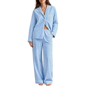 image:imageSWOMOG 100 Cotton Women Pajamas Set Long Sleeve Sleepwear 2 PCS Loungewear Set Button Down Pjs Set with PocketsBlue White Plaid