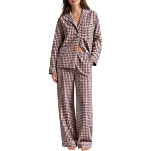 image:imageSWOMOG 100 Cotton Women Pajamas Set Long Sleeve Sleepwear 2 PCS Loungewear Set Button Down Pjs Set with PocketsBrown White Plaid