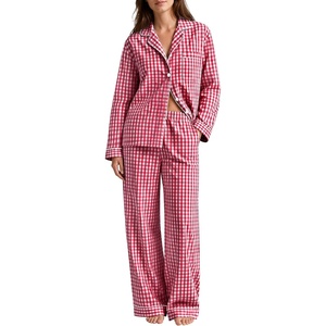 image:imageSWOMOG 100 Cotton Women Pajamas Set Long Sleeve Sleepwear 2 PCS Loungewear Set Button Down Pjs Set with PocketsWine Red White Plaid