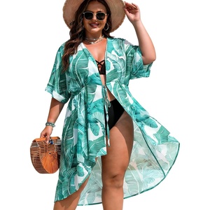 image:imageSWOMOG Women Cover Ups Plus Size Swimsuit Chiffon Kimono Long Cardigan Open Front Bathing Suit Summer Flowy Bikini BeachwearGreen Leaf