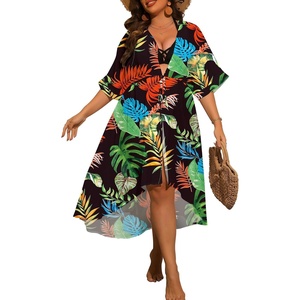 image:imageSWOMOG Women Cover Ups Plus Size Swimsuit Chiffon Kimono Long Cardigan Open Front Bathing Suit Summer Flowy Bikini BeachwearMuticolor Leaf