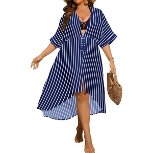 image:imageSWOMOG Women Cover Ups Plus Size Swimsuit Chiffon Kimono Long Cardigan Open Front Bathing Suit Summer Flowy Bikini BeachwearNavy Blue Stripe