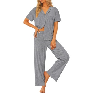 image:imageSWOMOG Womens 100 Cotton Pajamas Soft Short Sleeve Lounge Set 2 Piece Button Down Sleepwear with PocketsGrey