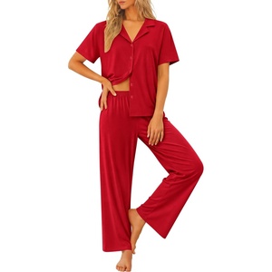 image:imageSWOMOG Womens 100 Cotton Pajamas Soft Short Sleeve Lounge Set 2 Piece Button Down Sleepwear with PocketsRed