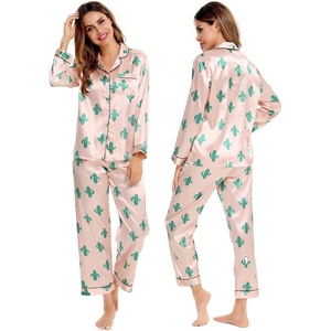 image:imageSWOMOG Womens Silk Satin Pajamas Set Long Sleeve Button Down Sleepwear 2 Piece Lounge Set Pj Set XS3XLCactus Pink