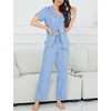 image:imageSWOMOG 100 Cotton Women Pajamas Set 2 Piece Short Sleeve Sleepwear Gingham Button Down Lounge Set Soft Ruffle PjsLight Blue White Plaid