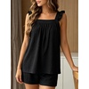 image:imageSWOMOG 2 Piece Ruffle Pjs Women Pajama Sets Cute Loungewear for Women Bridal Nightwear Tank Top and Shorts SXXLBlack