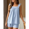 image:imageSWOMOG 2 Piece Ruffle Pjs Women Pajama Sets Cute Loungewear for Women Bridal Nightwear Tank Top and Shorts SXXLBlue