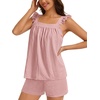 image:imageSWOMOG 2 Piece Ruffle Pjs Women Pajama Sets Cute Loungewear for Women Bridal Nightwear Tank Top and Shorts SXXLPink