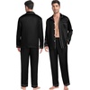 image:imageSWOMOG Couples Satin Pajamas Set 2PCS Pjs Sets Long Sleeve amp Pants Sleepwear Button Down Double Piping Loungewear with PocketBlack