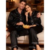 image:imageSWOMOG Couples Satin Pajamas Set 2PCS Pjs Sets Long Sleeve amp Pants Sleepwear Button Down Double Piping Loungewear with PocketBlack