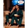 image:imageSWOMOG Couples Satin Pajamas Set 2PCS Pjs Sets Long Sleeve amp Pants Sleepwear Button Down Double Piping Loungewear with PocketDeep Green