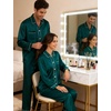 image:imageSWOMOG Couples Satin Pajamas Set 2PCS Pjs Sets Long Sleeve amp Pants Sleepwear Button Down Double Piping Loungewear with PocketDeep Green