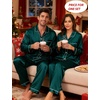 image:imageSWOMOG Couples Satin Pajamas Set 2PCS Pjs Sets Long Sleeve amp Pants Sleepwear Button Down Double Piping Loungewear with PocketGreen