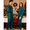 image:imageSWOMOG Couples Satin Pajamas Set 2PCS Pjs Sets Long Sleeve amp Pants Sleepwear Button Down Double Piping Loungewear with PocketGreen