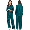 image:imageSWOMOG Couples Satin Pajamas Set 2PCS Pjs Sets Long Sleeve amp Pants Sleepwear Button Down Double Piping Loungewear with PocketGreen