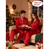 image:imageSWOMOG Couples Satin Pajamas Set 2PCS Pjs Sets Long Sleeve amp Pants Sleepwear Button Down Double Piping Loungewear with PocketRed