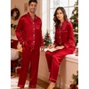 image:imageSWOMOG Couples Satin Pajamas Set 2PCS Pjs Sets Long Sleeve amp Pants Sleepwear Button Down Double Piping Loungewear with PocketRed