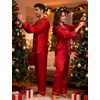 image:imageSWOMOG Couples Satin Pajamas Set 2PCS Pjs Sets Long Sleeve amp Pants Sleepwear Button Down Double Piping Loungewear with PocketScarlet Red