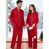 image:imageSWOMOG Couples Satin Pajamas Set 2PCS Pjs Sets Long Sleeve amp Pants Sleepwear Button Down Double Piping Loungewear with PocketScarlet Red
