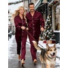 image:imageSWOMOG Couples Satin Pajamas Set Womens amp Mens Matching Silk Long Sleeve Sleepwear 2 Piece Button Down Pjs Set Lounge SetDeep Wine Red