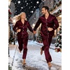 image:imageSWOMOG Couples Satin Pajamas Set Womens amp Mens Matching Silk Long Sleeve Sleepwear 2 Piece Button Down Pjs Set Lounge SetDeep Wine Red