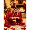 image:imageSWOMOG Family Matching Button Down Pajamas Pjs Silk Satin Long Sleeve Shirt Long Pants Set Sleepwear 2 Pcs Outfits LoungewearRed Stripes