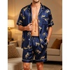 image:imageSWOMOG Men Satin Silk Pajamas Sets Short Sleeve Sleepwear ButtonDown PJs Sets TwoPieces Loungewear with PocketsNavy Bue Leopard