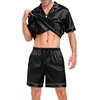 image:imageSWOMOG Men Silk Pajama Set Short Sleeve Satin PJs Sets 2 Piece Button Down Sleepwear Soft Summer Loungewear with PocketsBlack