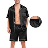 image:imageSWOMOG Men Silk Pajama Set Short Sleeve Satin PJs Sets 2 Piece Button Down Sleepwear Soft Summer Loungewear with PocketsBlack