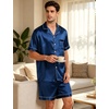 image:imageSWOMOG Men Silk Pajama Set Short Sleeve Satin PJs Sets 2 Piece Button Down Sleepwear Soft Summer Loungewear with PocketsNavy Blue