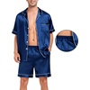 image:imageSWOMOG Men Silk Pajama Set Short Sleeve Satin PJs Sets 2 Piece Button Down Sleepwear Soft Summer Loungewear with PocketsNavy Blue