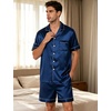 image:imageSWOMOG Men Silk Pajama Set Short Sleeve Satin PJs Sets 2 Piece Button Down Sleepwear Soft Summer Loungewear with PocketsNavy Blue